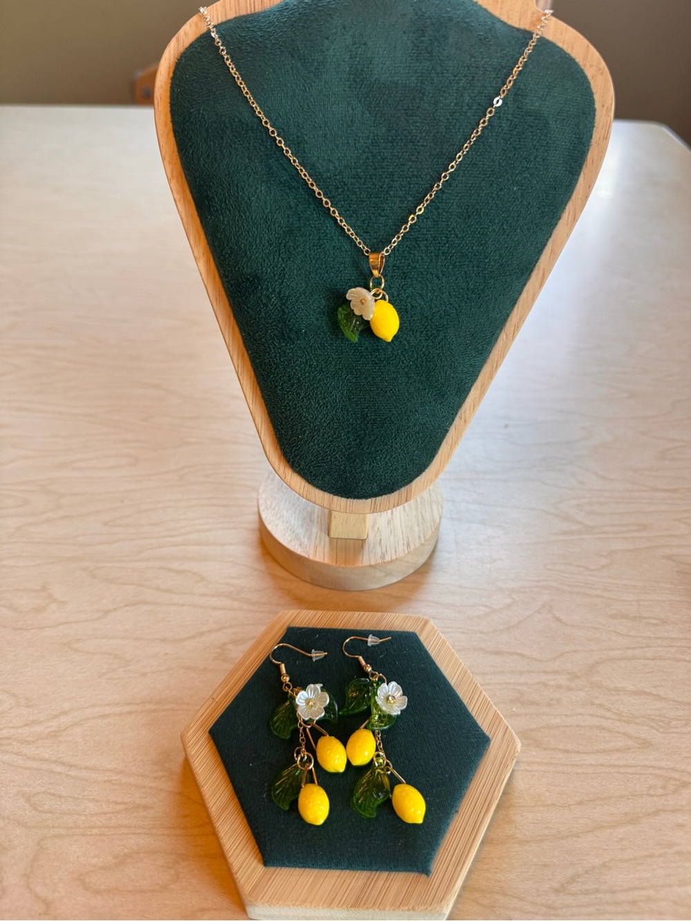 Yellow Lemon Charm Necklace and Earrings Set